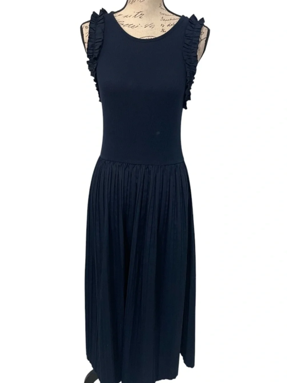 Ellen Tracy Navy Pleated Midi Dress Ruffle Sleeve Size M - Picture 2 of 6